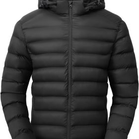 Men's Lightweight Puffer Jackets Detachable Hood Water-Resistant Casual Winter Coat Hooded Insulated for Travel Ski